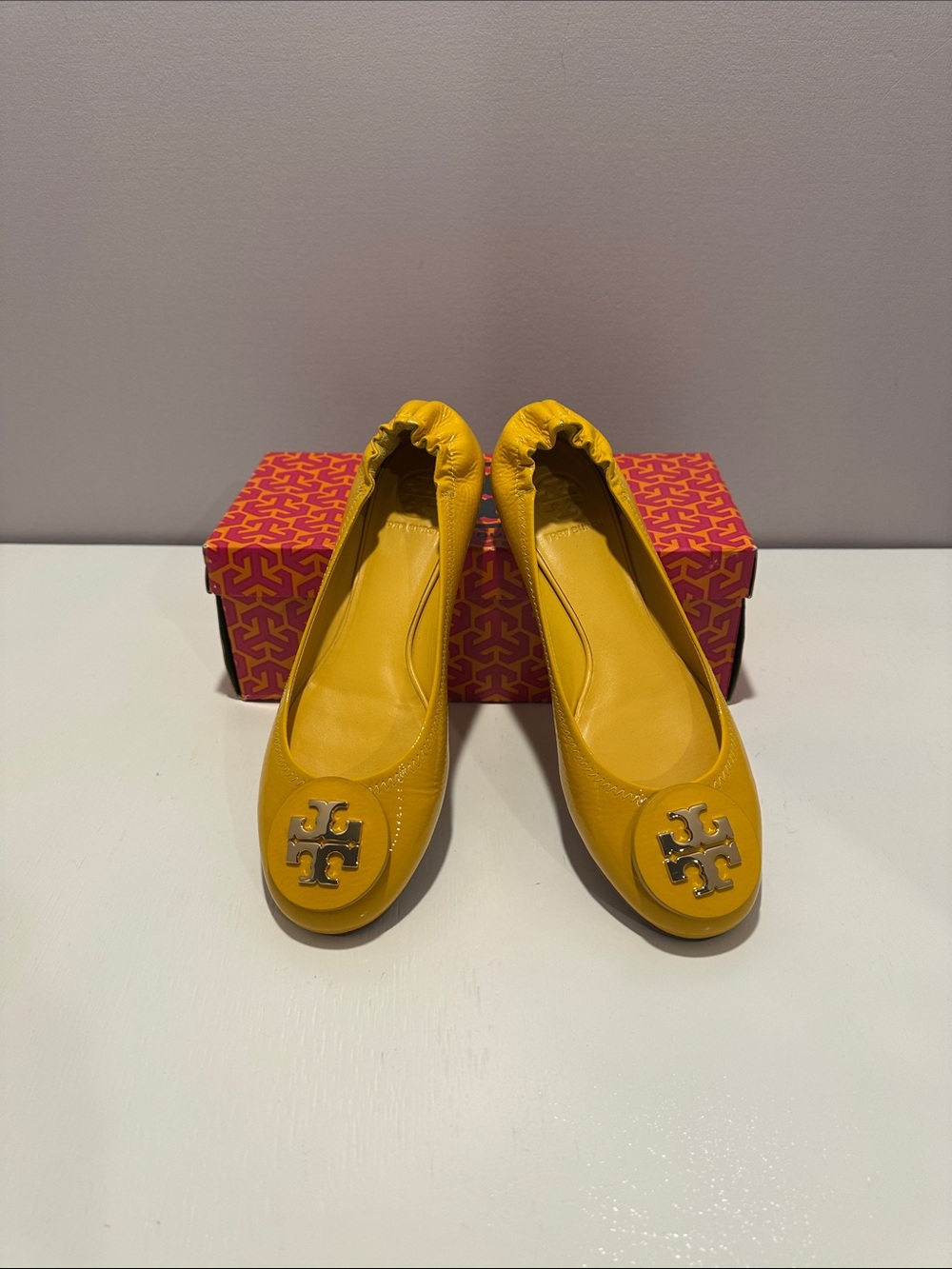 Tory Burch Mustard Yellow Logo Ballet Flats